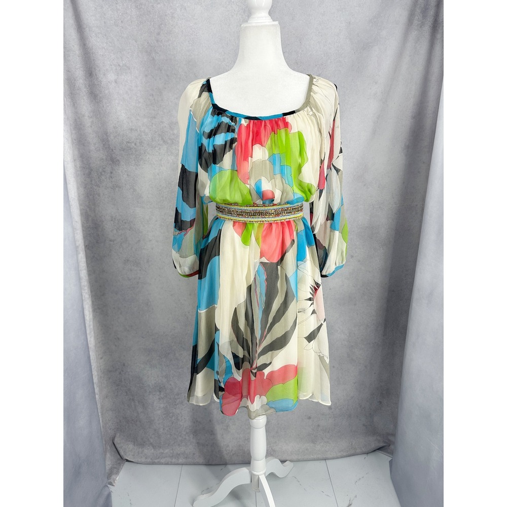 Tibi 100% Silk 60s Abstract Mod Chiffon Mini Dress w Beaded Belt Size Small